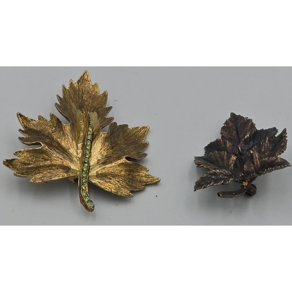 Jewelry - Vtg Autumn Leaf Brooch Lot Gold Tone Rhinestone Maple & Antiqued Bronze Cluster